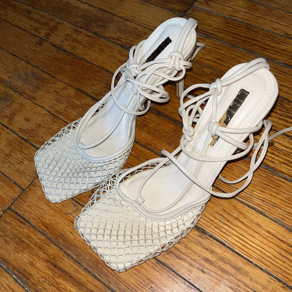 Fishnet cream caged wrap heels